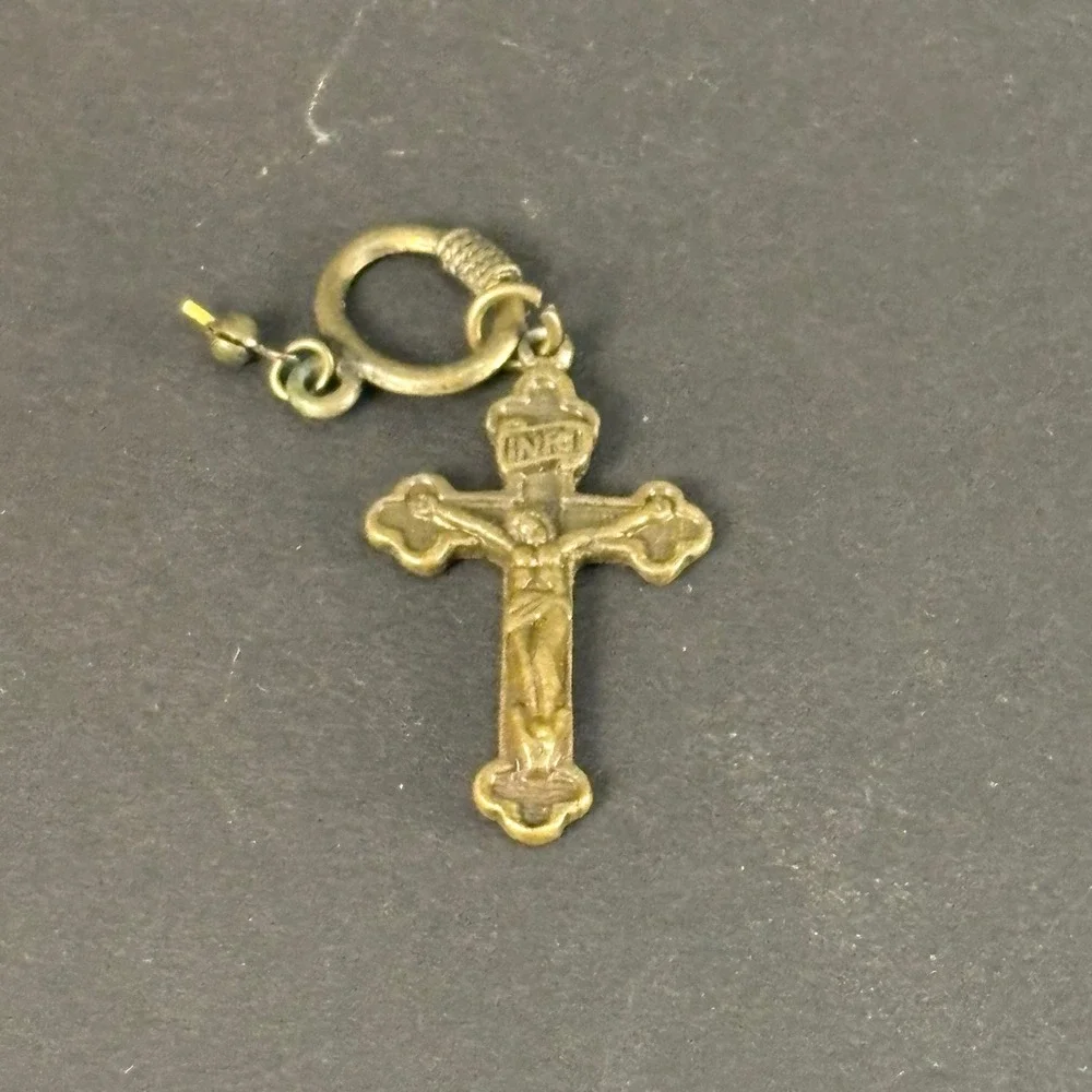 Vintage Catholic Crucifix Brass Pendant Unisex OS Bronze Good Aged Patina INRI